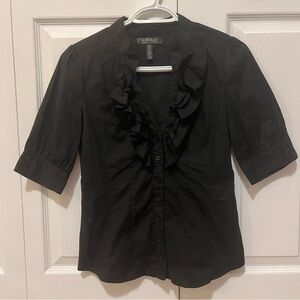 Buffalo David Bitton 3/4 Sleeve Black Ruffle Button Blouse